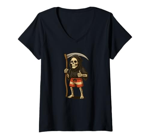 Damen Lustiger Sensenmann Urlaub in Badehose für den Urlaub T-Shirt mit V-Ausschnitt Damen Lustiger Sensenmann Urlaub in Badehose für den Urlaub T-Shirt mit V-Ausschnitt von Funny Grim Reaper Outfit