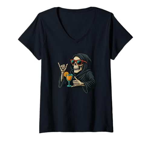 Damen Lustiges Sensenmann-Kostüm für Cocktail-Liebhaber T-Shirt mit V-Ausschnitt Damen Lustiges Sensenmann-Kostüm für Cocktail-Liebhaber T-Shirt mit V-Ausschnitt von Funny Grim Reaper Outfit