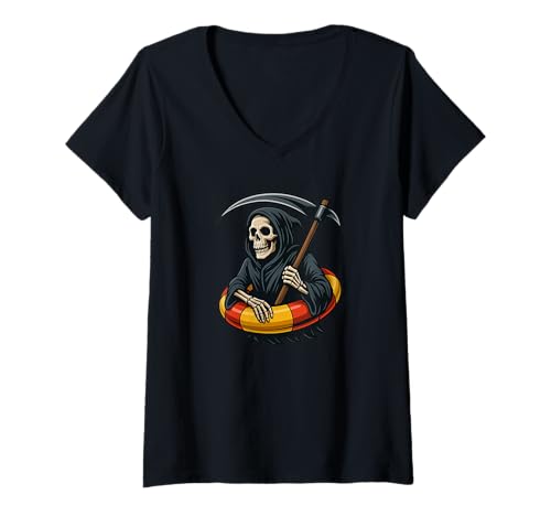 Damen Sensenmann Urlaubskostüm mit lustigem Schwimmring T-Shirt mit V-Ausschnitt Damen Sensenmann Urlaubskostüm mit lustigem Schwimmring T-Shirt mit V-Ausschnitt von Funny Grim Reaper Outfit