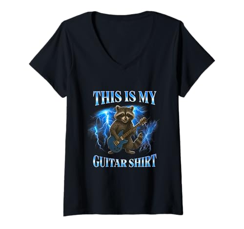 Damen Lustige Rockgitarre, Humor, Bootleg Graphic Racoon-Gitarre T-Shirt mit V-Ausschnitt Damen Lustige Rockgitarre, Humor, Bootleg Graphic Racoon-Gitarre T-Shirt mit V-Ausschnitt von Funny Guitar Apparel for rockers