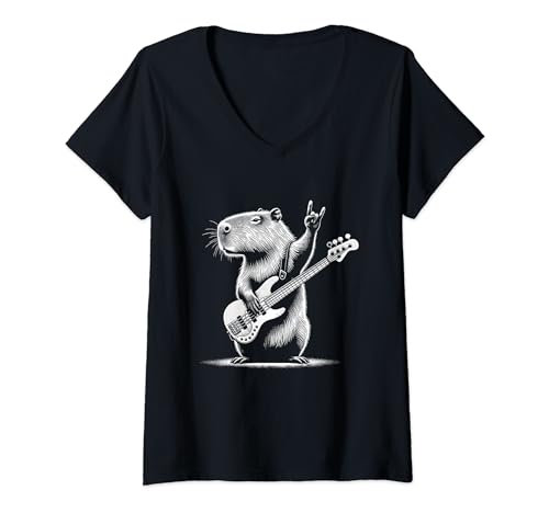 Rock n Roll Capybara Spielgitarre Lustig Herren Damen Capybara T-Shirt mit V-Ausschnitt von Funny Guitar Capybara Lovers Costume for Guitarist