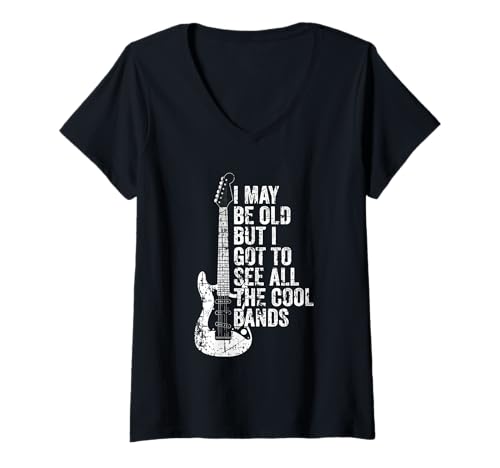 Damen Ich mag alt sein, aber ich muss all die coolen Band-Shirts sehen T-Shirt mit V-Ausschnitt von Funny Guitar Shirts Music Lover Tee Gifts