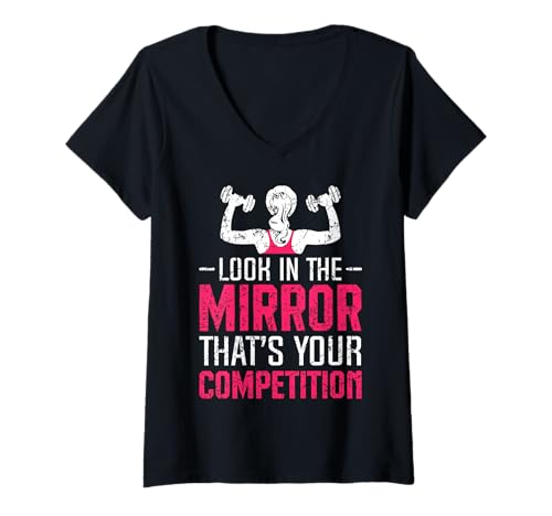 Damen Motivierender Look In The Mirror That's Your Competition Gift T-Shirt mit V-Ausschnitt von Funny Gym Workout Apparel