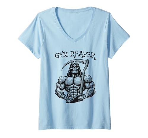 Damen Gym Reaper Bodybuilder Gewichtheber Workout Fitness Training T-Shirt mit V-Ausschnitt von Funny Gym Workout Fitness Outfits Men Women
