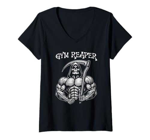 Damen Gym Reaper Powerlifting Krafttraining Gewichtheben T-Shirt mit V-Ausschnitt von Funny Gym Workout Fitness Outfits Men Women