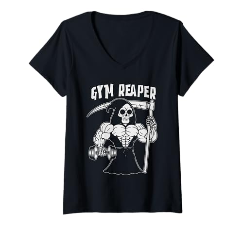 Damen Gym Reaper Powerlifting Krafttraining Gewichtheben T-Shirt mit V-Ausschnitt von Funny Gym Workout Fitness Outfits Men Women
