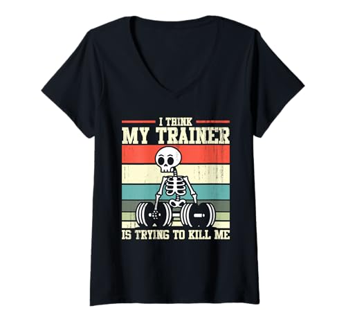 Damen My Trainer Is Trying to Kill Me Funny Gym Joke T-Shirt mit V-Ausschnitt Damen My Trainer Is Trying to Kill Me Funny Gym Joke T-Shirt mit V-Ausschnitt von Funny Gym Workout Humor Men Women
