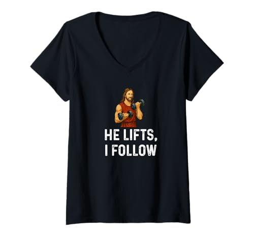 Damen He Lifts I Follow Church God Jesus Gewichtheben Fitness T-Shirt mit V-Ausschnitt Damen He Lifts I Follow Church God Jesus Gewichtheben Fitness T-Shirt mit V-Ausschnitt von Funny Gym Workout Sarcastic Pun Humor Joke by RJ
