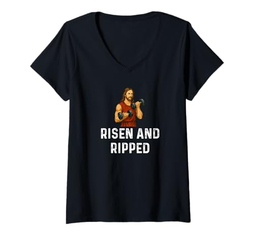 Damen Risen and Ripped Kirchengott Jesus Gewichtheben Fitness T-Shirt mit V-Ausschnitt Damen Risen and Ripped Kirchengott Jesus Gewichtheben Fitness T-Shirt mit V-Ausschnitt von Funny Gym Workout Sarcastic Pun Humor Joke by RJ