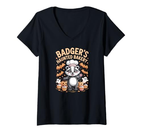 Damen Badger's Haunted Bakery Cute Halloween Fall T-Shirt mit V-Ausschnitt von Funny Halloween Animal Apparel Gifts by Anastasia