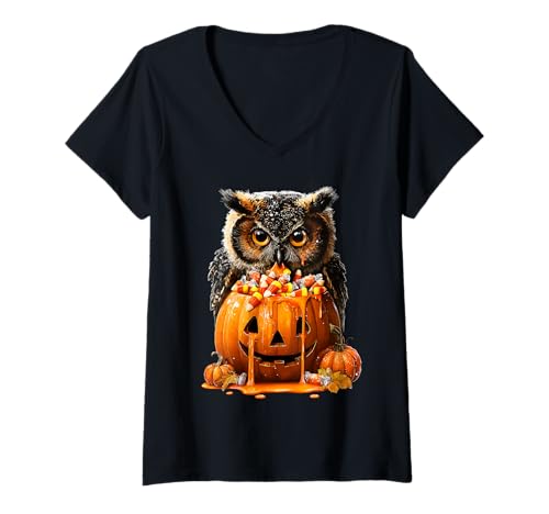 Damen Gruselige süße Eule tropfender Kürbis Süßigkeiten Mais Halloween Tier T-Shirt mit V-Ausschnitt von Funny Halloween Animals Autumn Art