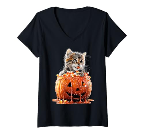 Damen Gruselige süße Katze tropfender Kürbis Süßigkeiten Mais Halloween Kätzchen T-Shirt mit V-Ausschnitt von Funny Halloween Animals Autumn Art