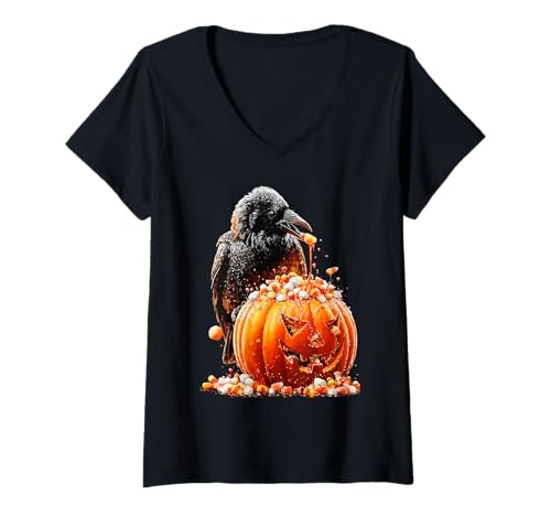 Damen Gruselige süße Krähe tropfender Kürbis Süßigkeiten Mais Halloween Vogel T-Shirt mit V-Ausschnitt von Funny Halloween Animals Autumn Art