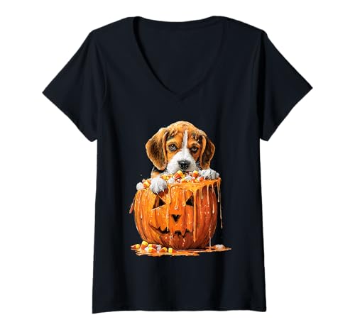 Damen Gruseliger süßer Beagle, tropfender Kürbis, Süßigkeiten, Mais, Halloween-Hund T-Shirt mit V-Ausschnitt von Funny Halloween Animals Autumn Art