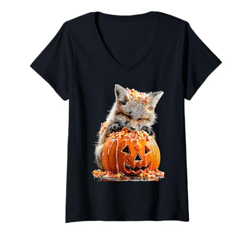 Damen Gruseliger süßer Fuchs tropfender Kürbis Süßigkeiten Mais Halloween Tier T-Shirt mit V-Ausschnitt von Funny Halloween Animals Autumn Art