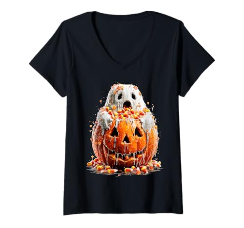 Damen Gruseliger süßer Geist tropfender Kürbis Süßigkeiten Mais Halloween T-Shirt mit V-Ausschnitt von Funny Halloween Animals Autumn Art