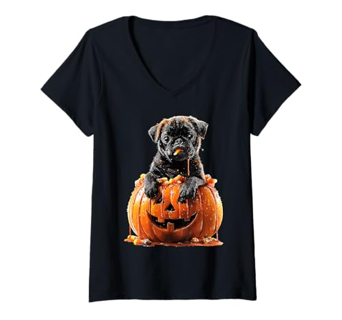 Damen Gruseliger süßer Mops tropfender Kürbis Süßigkeiten Mais Halloween Hund T-Shirt mit V-Ausschnitt von Funny Halloween Animals Autumn Art