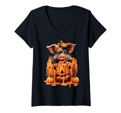 Damen Gruseliges süßes Schwein tropfender Kürbis Süßigkeiten Mais Halloween Tier T-Shirt mit V-Ausschnitt von Funny Halloween Animals Autumn Art