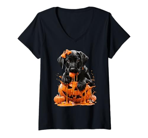 Damen Labrador Retriever tropfender Kürbis Süßigkeiten Mais Halloween Hund T-Shirt mit V-Ausschnitt von Funny Halloween Animals Autumn Art