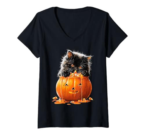 Damen Schwarze Perserkatze Tropfender Kürbis Süßigkeiten Mais Halloween T-Shirt mit V-Ausschnitt von Funny Halloween Animals Autumn Art