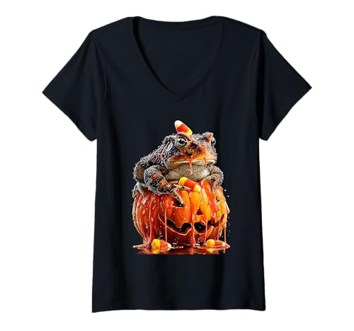 Damen Süße Kröte tropfender Kürbis Süßigkeiten Mais Halloween Tier T-Shirt mit V-Ausschnitt von Funny Halloween Animals Autumn Art
