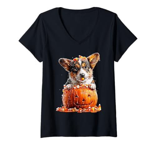 Damen Süßer Corgi tropfender Kürbis Süßigkeiten Mais Halloween Hund T-Shirt mit V-Ausschnitt von Funny Halloween Animals Autumn Art