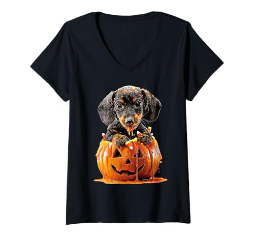 Damen Süßer Dackel tropfender Kürbis Süßigkeiten Mais Halloween Hund Welpe T-Shirt mit V-Ausschnitt von Funny Halloween Animals Autumn Art