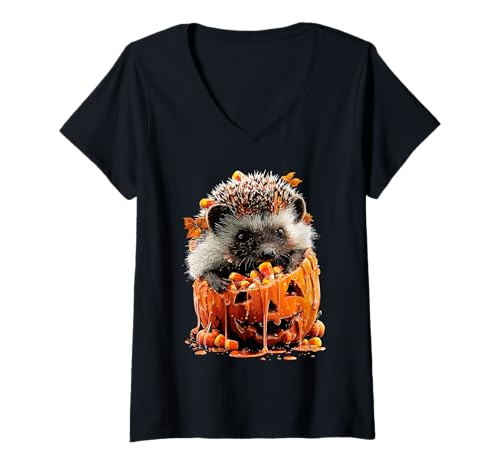 Damen Süßer Igel tropfender Kürbis Süßigkeiten Mais Halloween Tier T-Shirt mit V-Ausschnitt von Funny Halloween Animals Autumn Art