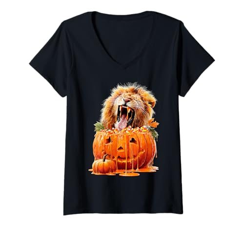 Damen Süßer Löwe tropfender Kürbis Süßigkeiten Mais Halloween Tier T-Shirt mit V-Ausschnitt von Funny Halloween Animals Autumn Art