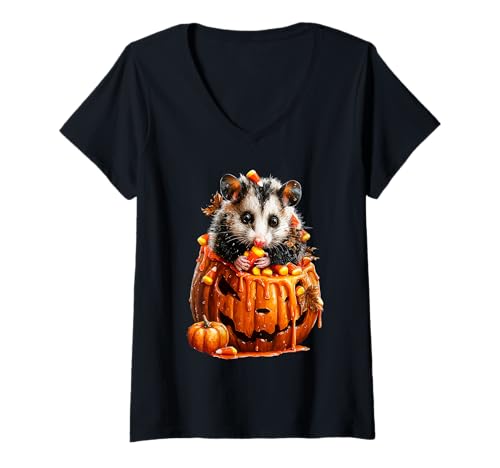 Damen Süßer Opossum Tropfender Kürbis Süßigkeiten Mais Halloween Tier T-Shirt mit V-Ausschnitt von Funny Halloween Animals Autumn Art