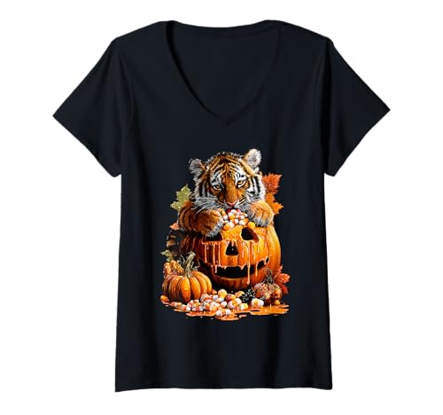 Damen Süßer Tiger tropfender Kürbis Süßigkeiten Mais Halloween Tier T-Shirt mit V-Ausschnitt von Funny Halloween Animals Autumn Art