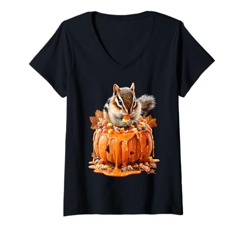 Damen Süßes Eichhörnchen tropfender Kürbis Süßigkeiten Mais Halloween Tier T-Shirt mit V-Ausschnitt von Funny Halloween Animals Autumn Art
