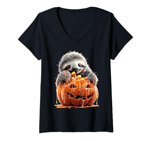 Damen Süßes Faultier tropfender Kürbis Süßigkeiten Mais Halloween Tier T-Shirt mit V-Ausschnitt von Funny Halloween Animals Autumn Art