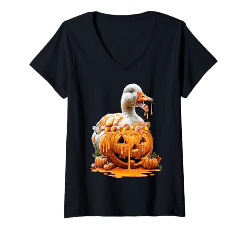 Damen Süßes Gans tropfender Kürbis Süßigkeiten Mais Halloween Tier T-Shirt mit V-Ausschnitt von Funny Halloween Animals Autumn Art