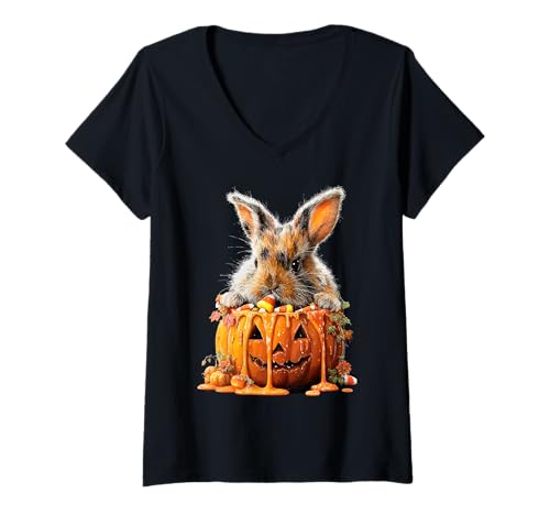 Damen Süßes Kaninchen tropfender Kürbis Süßigkeiten Mais Halloween Tier T-Shirt mit V-Ausschnitt von Funny Halloween Animals Autumn Art