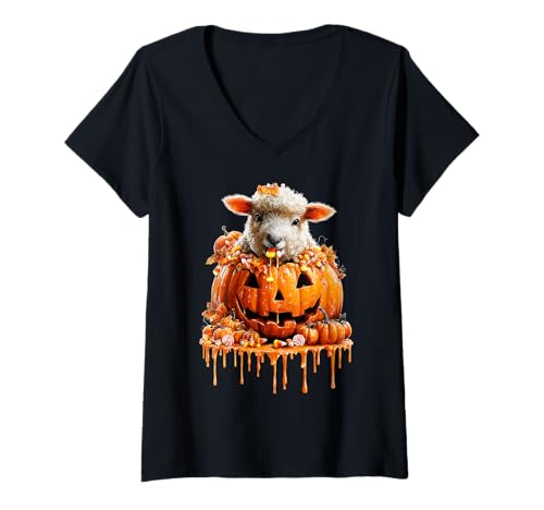 Damen Süßes Lamm tropfender Kürbis Süßigkeiten Mais Halloween Tier T-Shirt mit V-Ausschnitt von Funny Halloween Animals Autumn Art