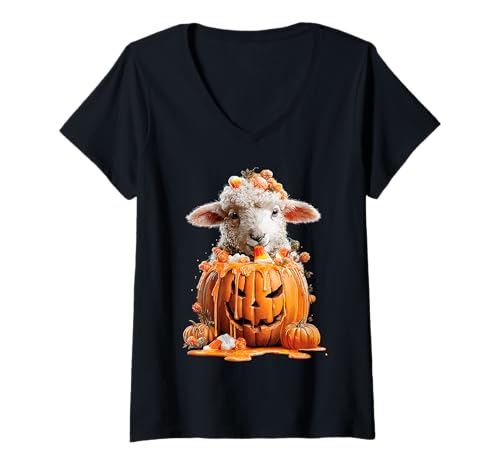 Damen Süßes Schaf, tropfender Kürbis, Süßigkeiten, Mais, Halloween-Tier T-Shirt mit V-Ausschnitt von Funny Halloween Animals Autumn Art