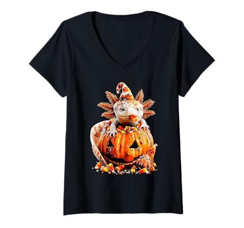 Damen Witziges Axolotl tropfender Kürbis Süßigkeiten Mais Halloween Tier T-Shirt mit V-Ausschnitt von Funny Halloween Animals Autumn Art