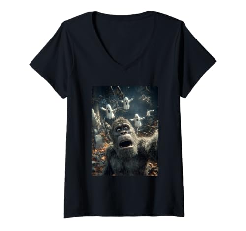 Damen Gruseliges Bigfoot Selfie mit Geistern Spukwald Halloween T-Shirt mit V-Ausschnitt Damen Gruseliges Bigfoot Selfie mit Geistern Spukwald Halloween T-Shirt mit V-Ausschnitt von Funny Halloween Animals Creatures Clothing