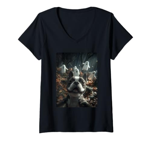 Damen Boston Terrier Selfie Geister Spukwald Halloween Hund T-Shirt mit V-Ausschnitt Damen Boston Terrier Selfie Geister Spukwald Halloween Hund T-Shirt mit V-Ausschnitt von Funny Halloween Animals Selfies Clothing