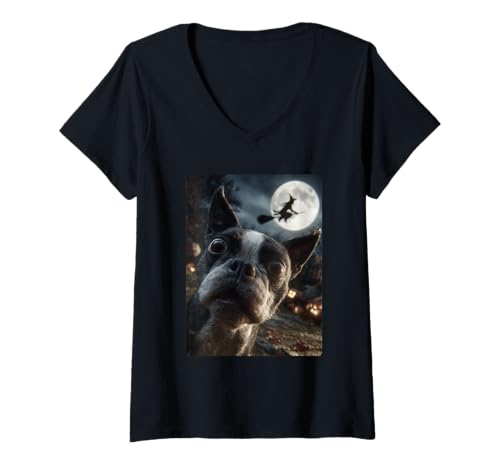 Damen Boston Terrier Selfie Vollmond Fliegende Hexe Halloween Hund T-Shirt mit V-Ausschnitt von Funny Halloween Animals Selfies Clothing
