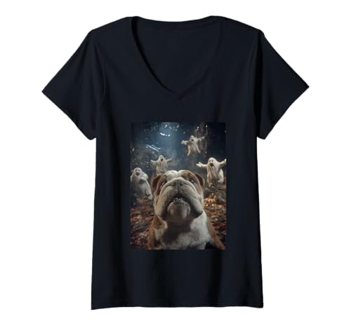 Damen Britische Bulldogge Selfie Geister Spukwald Halloween Hund T-Shirt mit V-Ausschnitt Damen Britische Bulldogge Selfie Geister Spukwald Halloween Hund T-Shirt mit V-Ausschnitt von Funny Halloween Animals Selfies Clothing