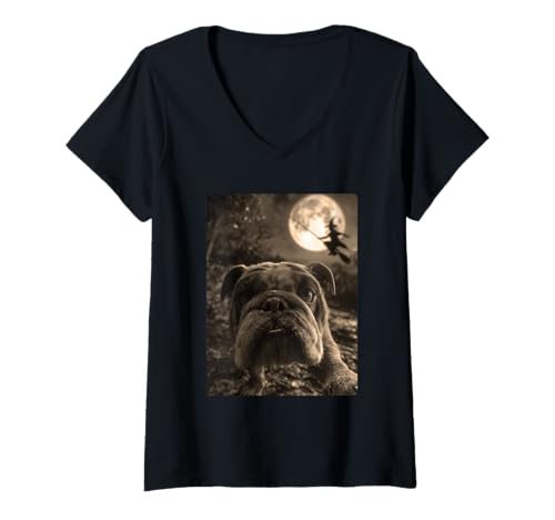Damen Britische Bulldogge Selfie Vollmond Fliegende Hexe Halloween Hund T-Shirt mit V-Ausschnitt Damen Britische Bulldogge Selfie Vollmond Fliegende Hexe Halloween Hund T-Shirt mit V-Ausschnitt von Funny Halloween Animals Selfies Clothing
