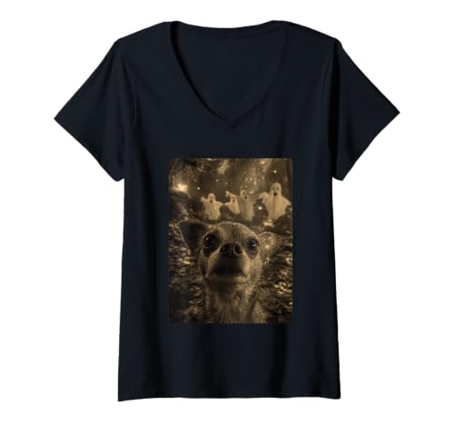 Damen Chihuahua Selfie mit Geistern Spukwald Halloween Hund T-Shirt mit V-Ausschnitt Damen Chihuahua Selfie mit Geistern Spukwald Halloween Hund T-Shirt mit V-Ausschnitt von Funny Halloween Animals Selfies Clothing