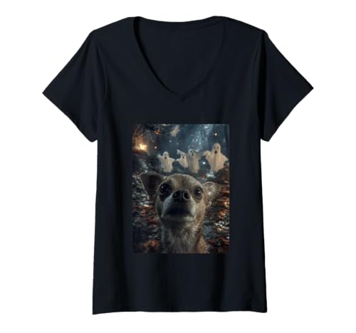 Damen Chihuahua Selfie mit Geistern Spukwald Halloween Hund T-Shirt mit V-Ausschnitt Damen Chihuahua Selfie mit Geistern Spukwald Halloween Hund T-Shirt mit V-Ausschnitt von Funny Halloween Animals Selfies Clothing