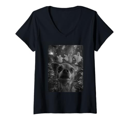 Damen Chihuahua Selfie mit Geistern Spukwald Halloween Hund T-Shirt mit V-Ausschnitt Damen Chihuahua Selfie mit Geistern Spukwald Halloween Hund T-Shirt mit V-Ausschnitt von Funny Halloween Animals Selfies Clothing
