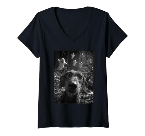 Damen Dackel Selfie mit Geistern Spukwald Halloween Hund T-Shirt mit V-Ausschnitt von Funny Halloween Animals Selfies Clothing