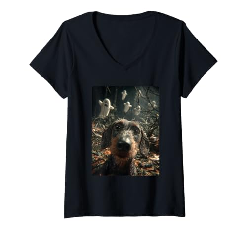 Damen Dackel Selfie mit Geistern Spukwald Halloween Hund T-Shirt mit V-Ausschnitt Damen Dackel Selfie mit Geistern Spukwald Halloween Hund T-Shirt mit V-Ausschnitt von Funny Halloween Animals Selfies Clothing