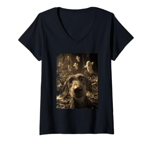 Damen Dackel Selfie mit Geistern Spukwald Halloween Hund T-Shirt mit V-Ausschnitt Damen Dackel Selfie mit Geistern Spukwald Halloween Hund T-Shirt mit V-Ausschnitt von Funny Halloween Animals Selfies Clothing