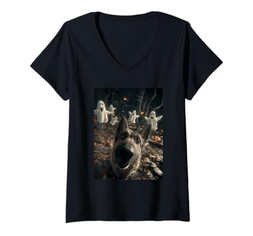 Damen Deutscher Schäferhund Selfie mit Geistern Spukwald Halloween T-Shirt mit V-Ausschnitt Damen Deutscher Schäferhund Selfie mit Geistern Spukwald Halloween T-Shirt mit V-Ausschnitt von Funny Halloween Animals Selfies Clothing